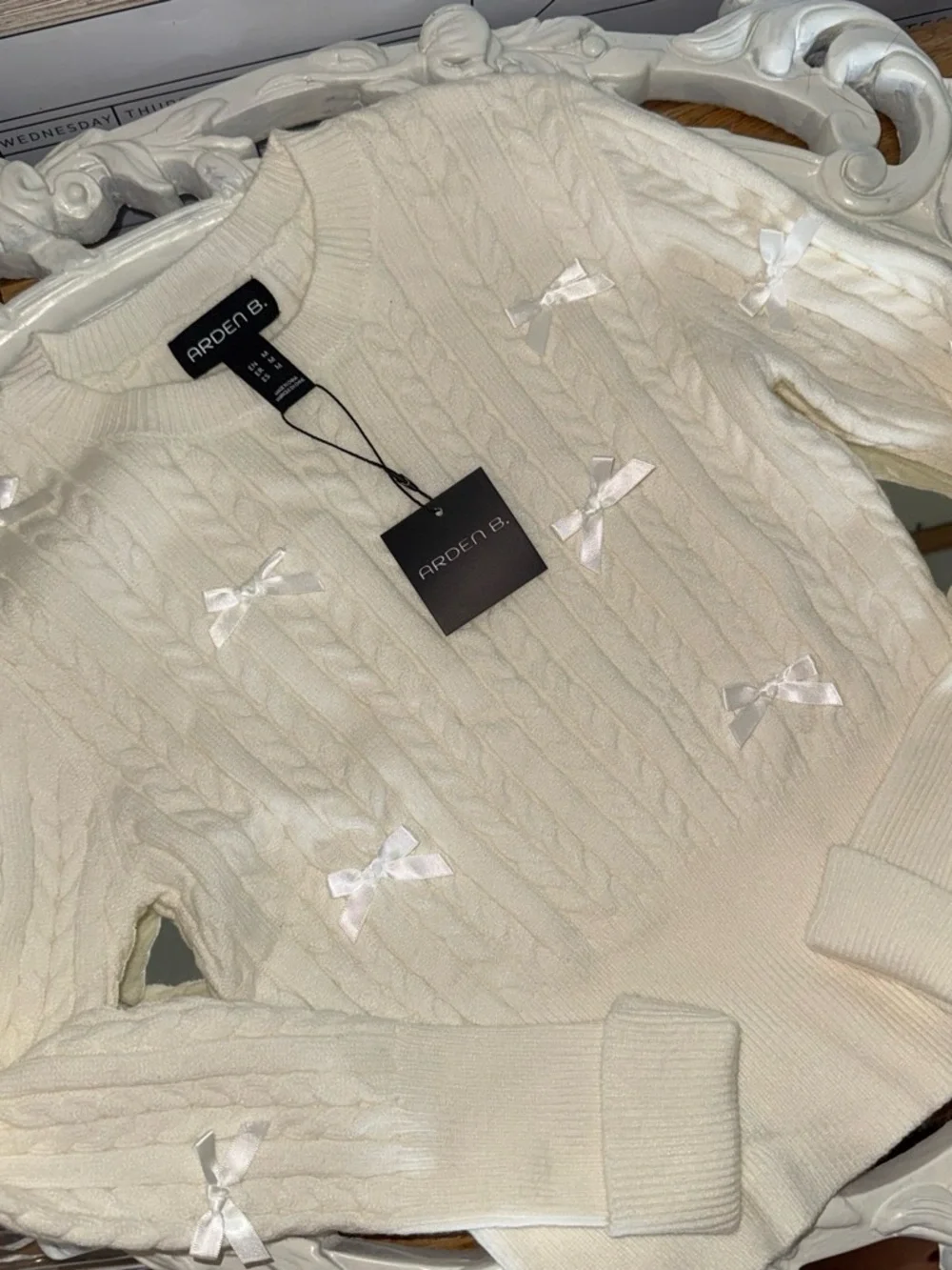 Ardene Cream Cable Knit Crewneck Sweater with Satin Bows